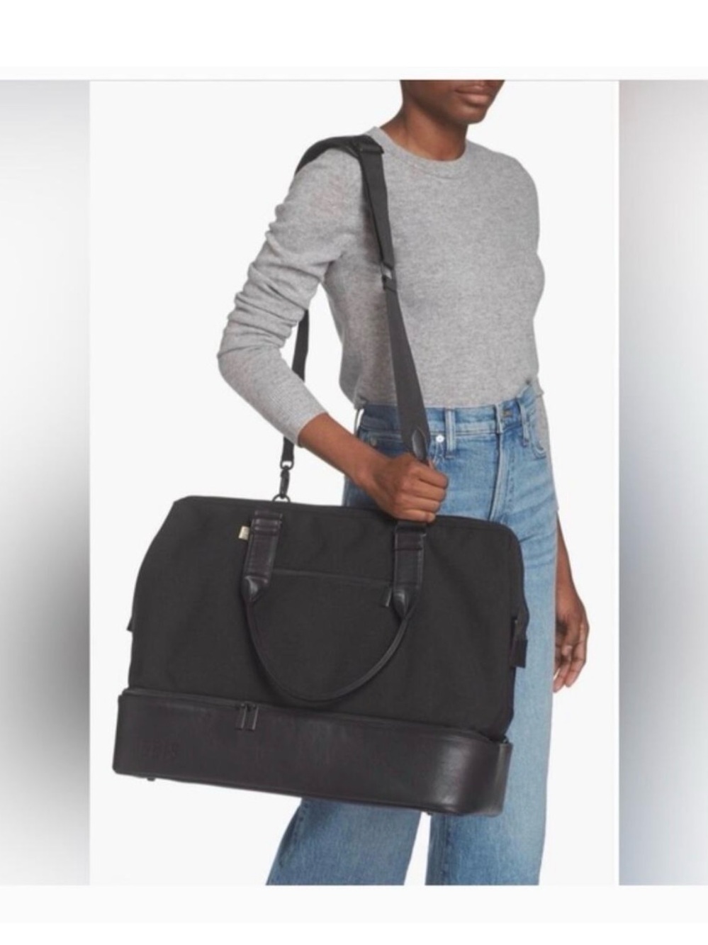 BEIS Black Travel Weekender Bag with Leather Trim